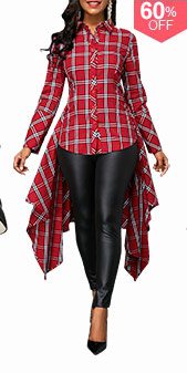 Asymmetric Hem Button Front Plaid Print Shirt