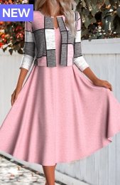 Pink Two Piece Plaid Long Sleeve Dress and Cardigan