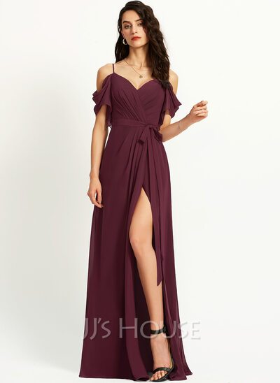 A-Line Off-the-Shoulder Floor-Length Bridesmaid Dress With R...