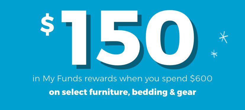 OR $150 in My Funds rewards when you spend $600 on select furniutre, bedding and gear.