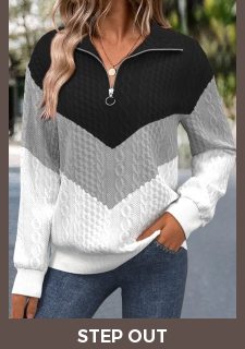 Black Jacquard Long Sleeve Turn Down Collar Sweatshirt