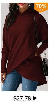 Asymmetric Hem Long Sleeve Wine Red Pocket Hoodie