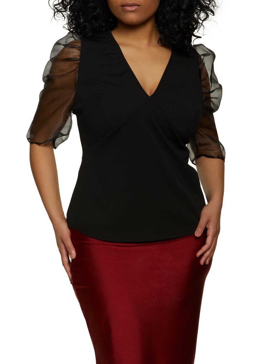 Plus Size Organza Puff Sleeve Top