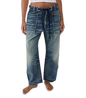 Free People Moxie Low Slung Pull On Barrel Jeans in Timeless Blue