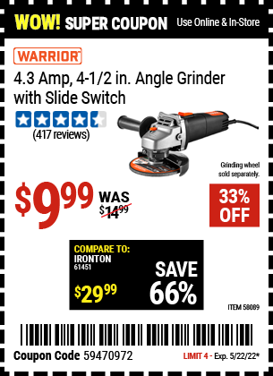4.3 Amp, 4-1/2 In. Angle Grinder With Slide Switch