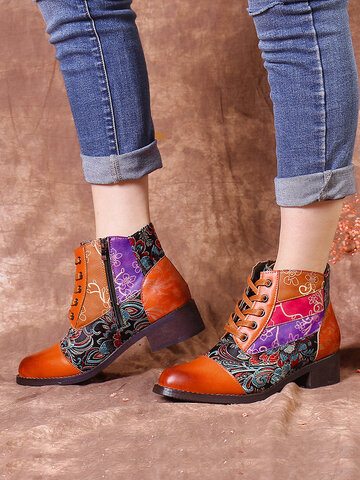 SOCOFY Elegant Floral Pattern Stitching Color Block Short Boots