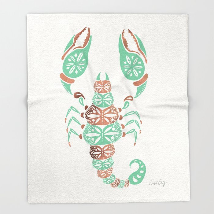 Scorpion – Mint & Rose Gold Throw Blanket by Cat Coquillette