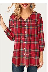 V Neck Plaid Print Button Up Blouse