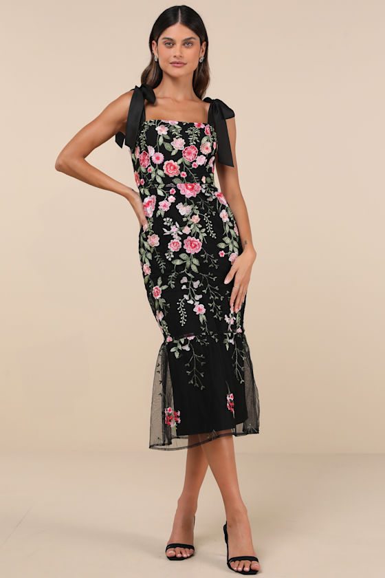 Image of Stunning Inclination Black Embroidered Tie-Strap Midi Dress