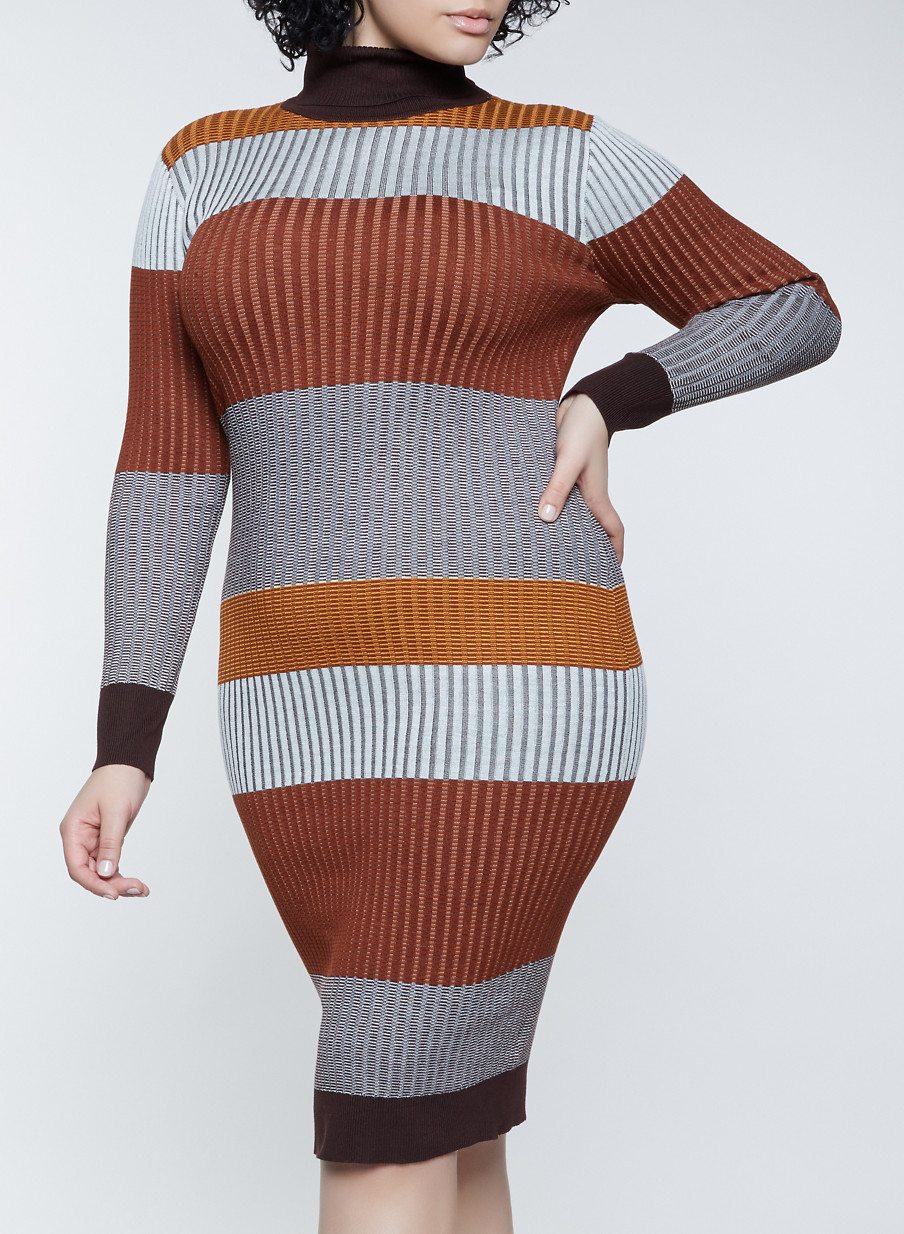 Plus Size Color Block Turtleneck Sweater