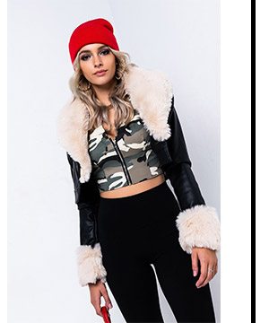 AZALEA WANG FUR TRIM GISELLE CROP JACKET IN TAUPE