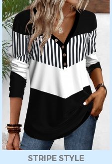 ROTITA Button Geometric Print Black V Neck T Shirt