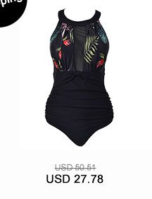 Ruched Tropical Print Black One Piece Swimwear