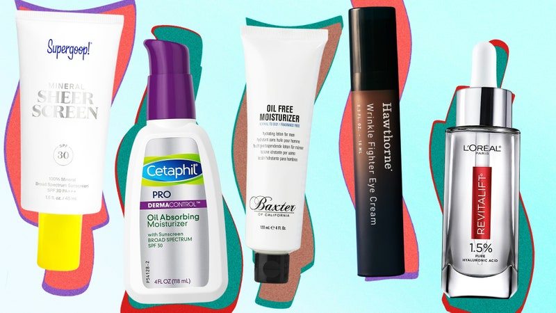 A collage of different skincare products on a colorful abstract background