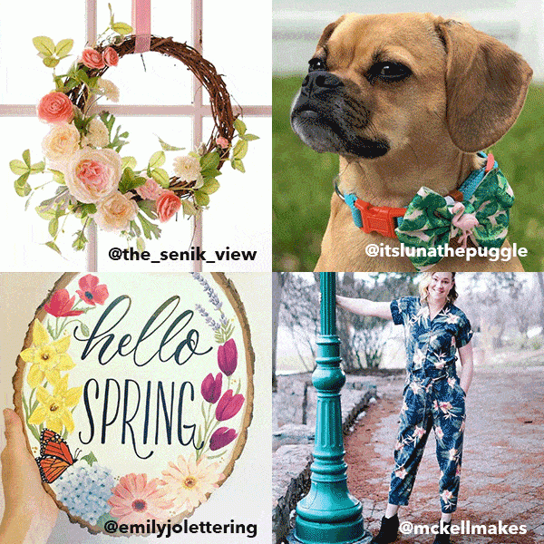 Image of Floral Wreath by @cozy.nooks, Loopy yarn sweater by @the_senik_view, Dog Bow Tie by @itslunathepuggle, Decor Sign by @emilyjolettering, Printed Jumpsuit by @mckellmakes and Honeycomb Blanket by @steph.lewis.
