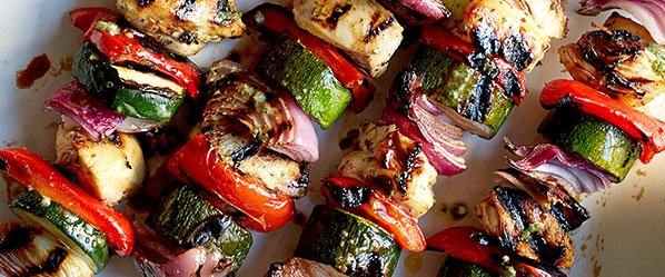 Mojo-Marinated Chicken and Vegetable Kebabs with Mixed Greens