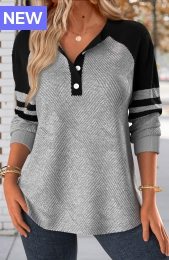 Light Grey Button Long Sleeve Split Neck Sweatshirt