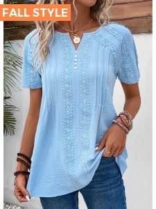 ROTITA Patchwork Light Blue Split Neck Short Sleeve Blouse