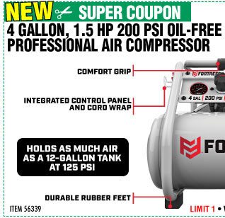 View 4 Gallon 1.5 HP 200 PSI Oil-Free Professional Air Compressor