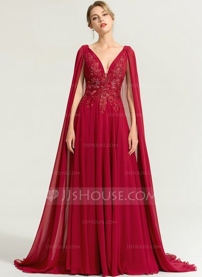 A-Line V-neck Floor-Length Chiffon Evening Dress With Sequin...