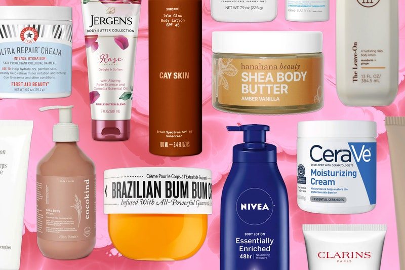 Bottles and jars of body lotions from First Aid Beauty, Cocokind, Sol de Janeiro, Nivea, Jergens, Cay Skin, Hanahana Beauty, CeraVe, Clarins, Body by TPH, Clarins, Summer Fridays, and Gilded Beauty on a pink tie dye background