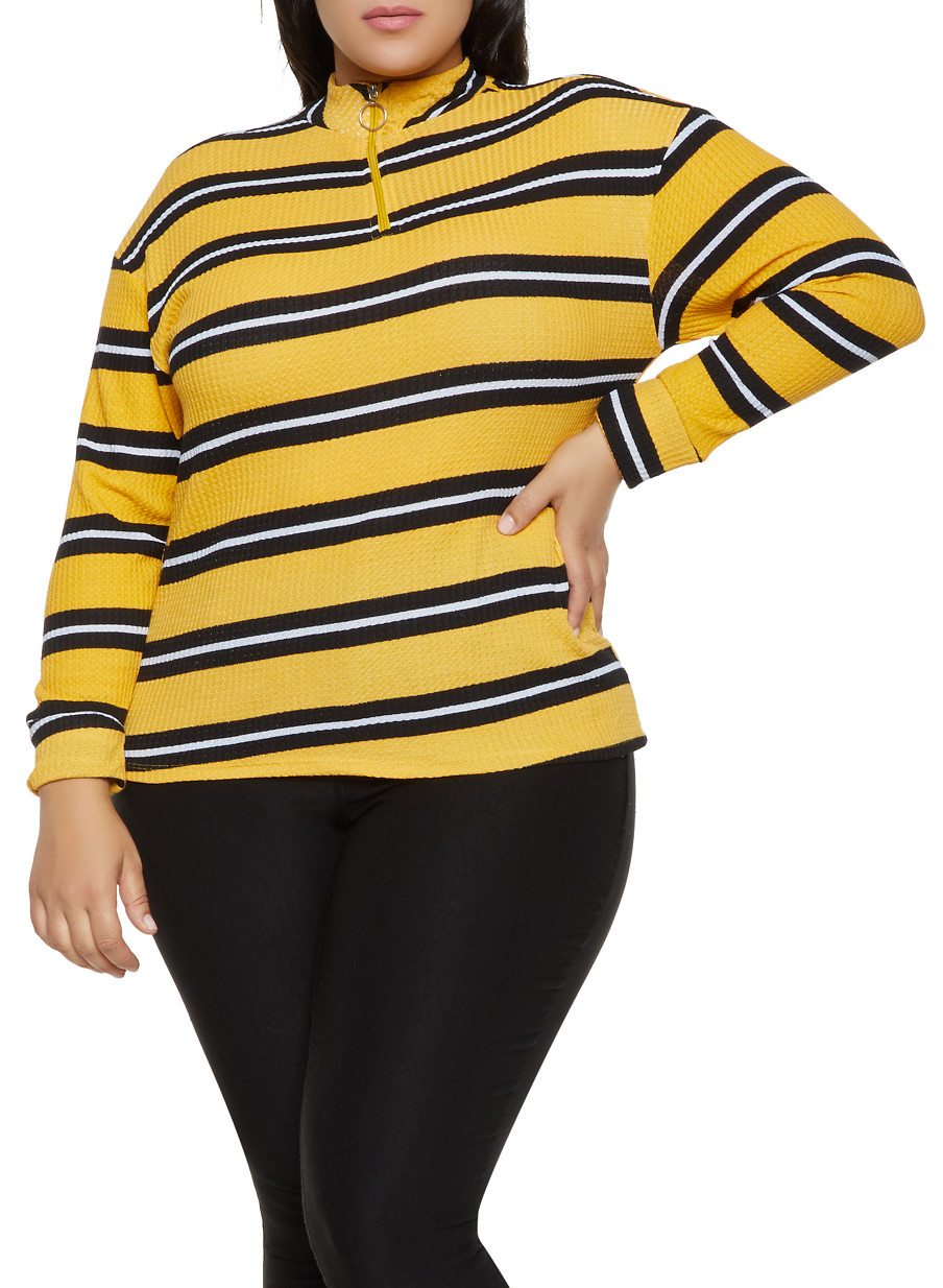 Plus Size Striped Thermal Zip Neck Top