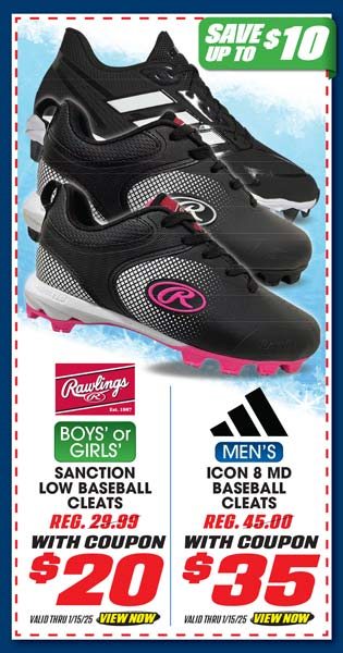 adidas Icon 8 MD Men's Baseball Cleats or Rawlings Sanction Low Youth Baseball Cleats