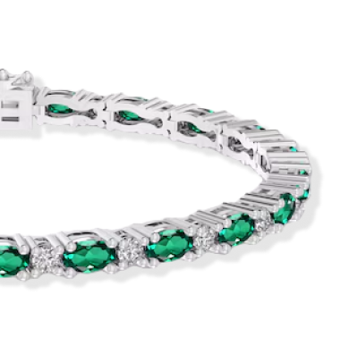 Oval-Cut Lab-Created Emerald & White Lab-Created Sapphire Link Bracelet Sterling Silver 7.25''