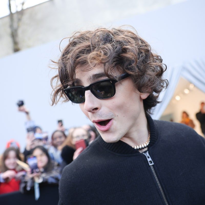 Close up of Timothee Chalamet wearing sunglasses, making a funny face outside Loewe show in Paris