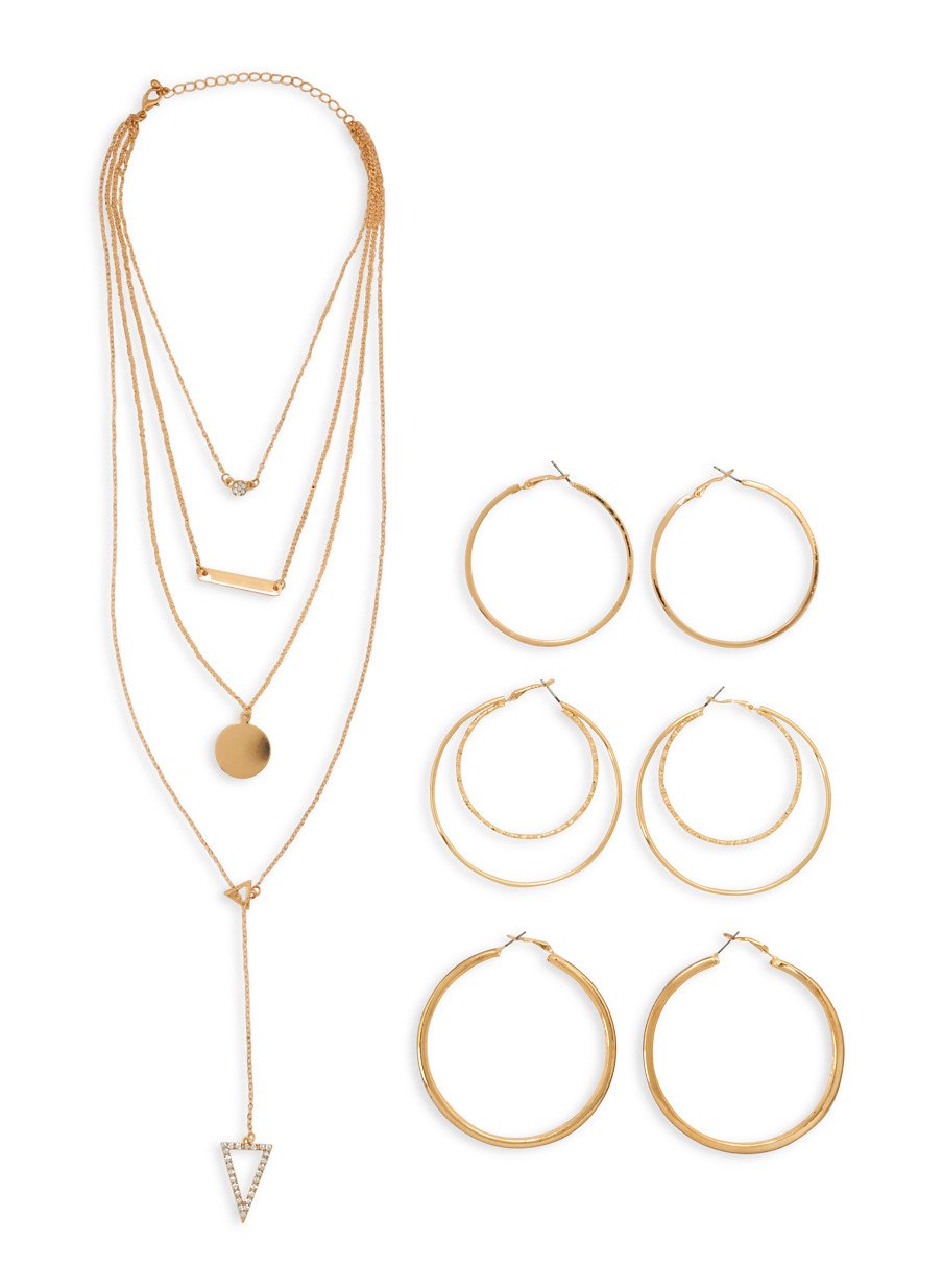 Layered Charm Necklace with Hoop Earrings Set