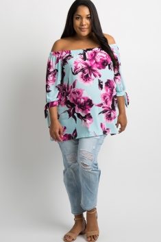 Mint Green Floral Sleeve Tie Off Shoulder Plus Maternity Top