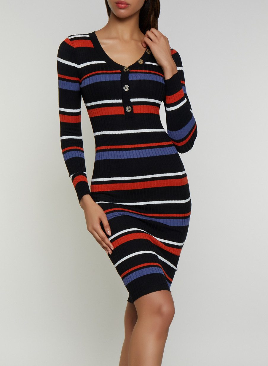 Striped Button Neck Detail Sweater Dress