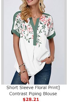 Short Sleeve Floral Print Contrast Piping Blouse 