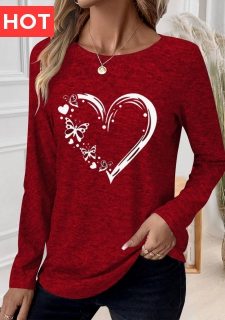 Red Patchwork Heart Print Long Sleeve T Shirt