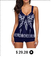 Printed Open Back Navy Padded Tankini Set