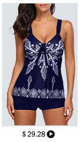 Printed Open Back Navy Padded Tankini Set