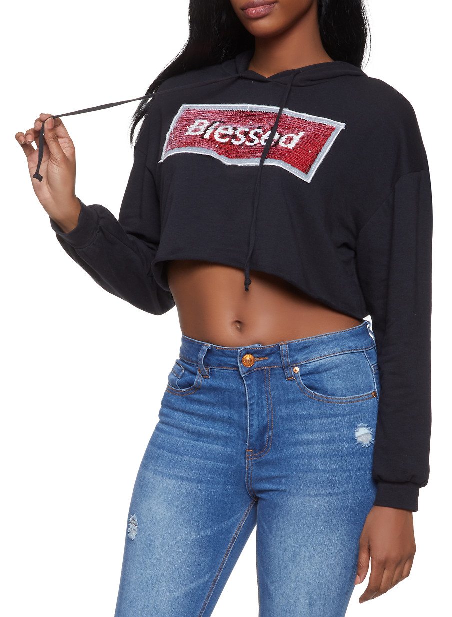 Reversible Sequin Graphic Cropped Sweatshirt