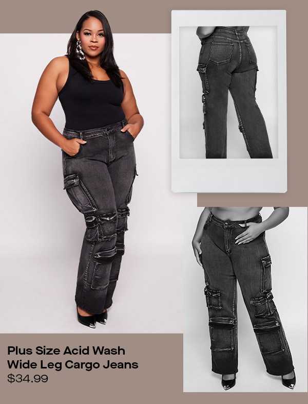 Plus Size Acid Wash Wide Leg Cargo Jeans