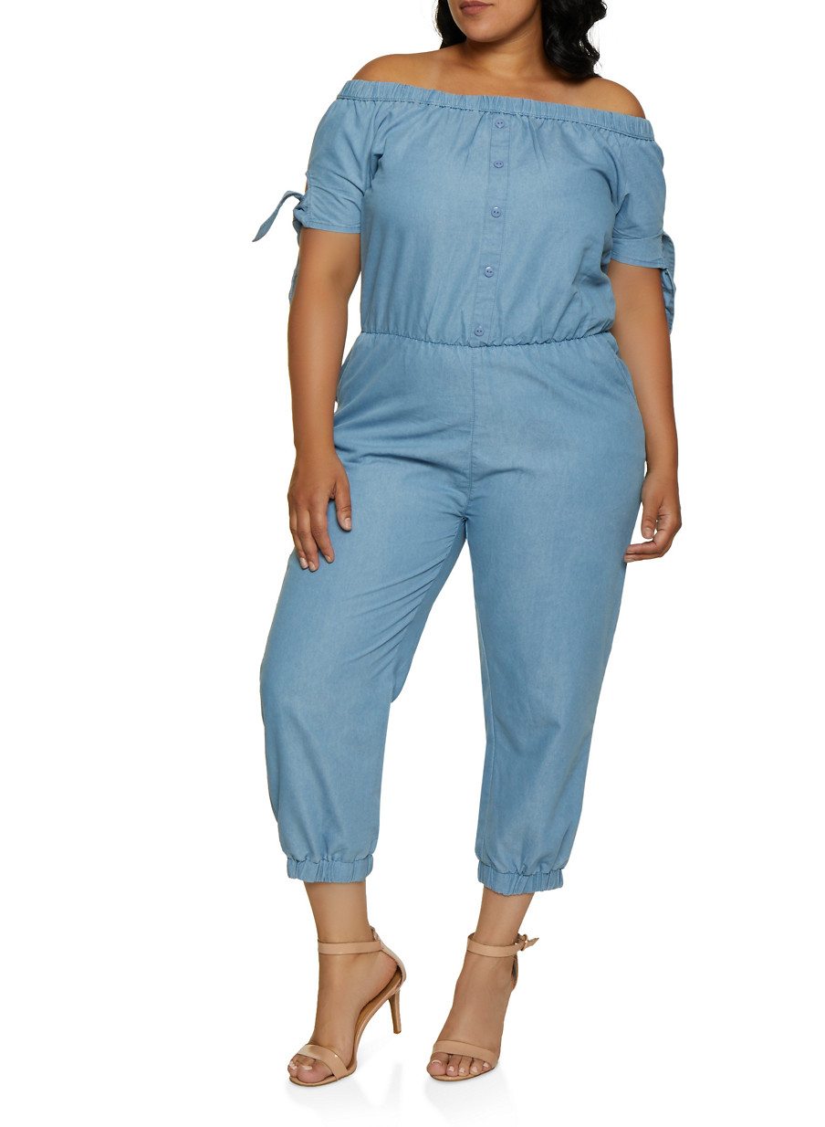 Plus Size Cinched Waist Off the Shoulder Denim Jumpsuit