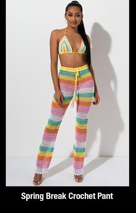 Spring Break Crochet Pant is a knit based pant complete with a crochet fabrication, mid waist rise, multicolored, striped pattern and vintage inspired flared hem.
