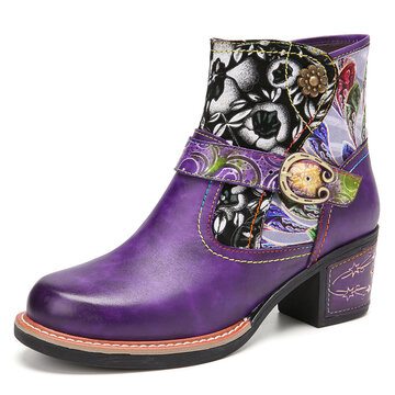 legant Floral Cloth Splicing Leather Ankle Boots