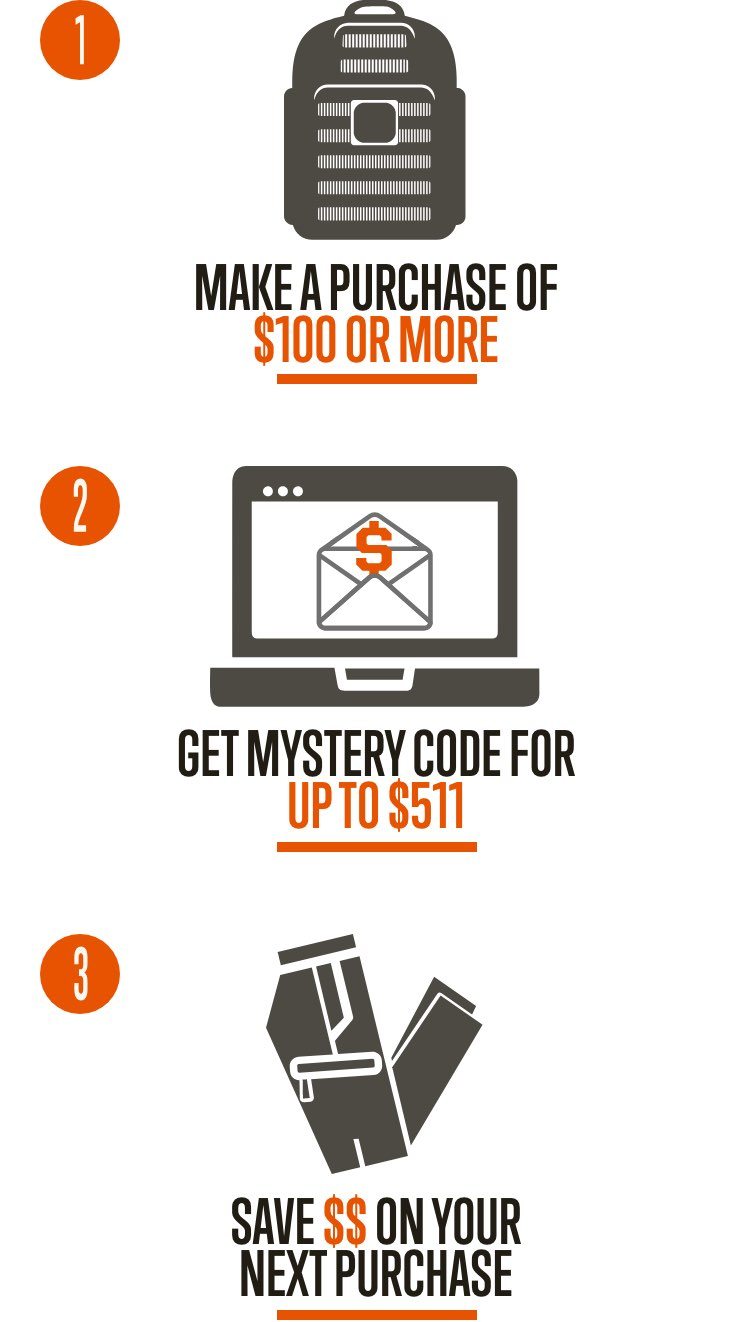 Make a purchase of $100 or more, get mystery code for up to $511, save $$ on your next purchase