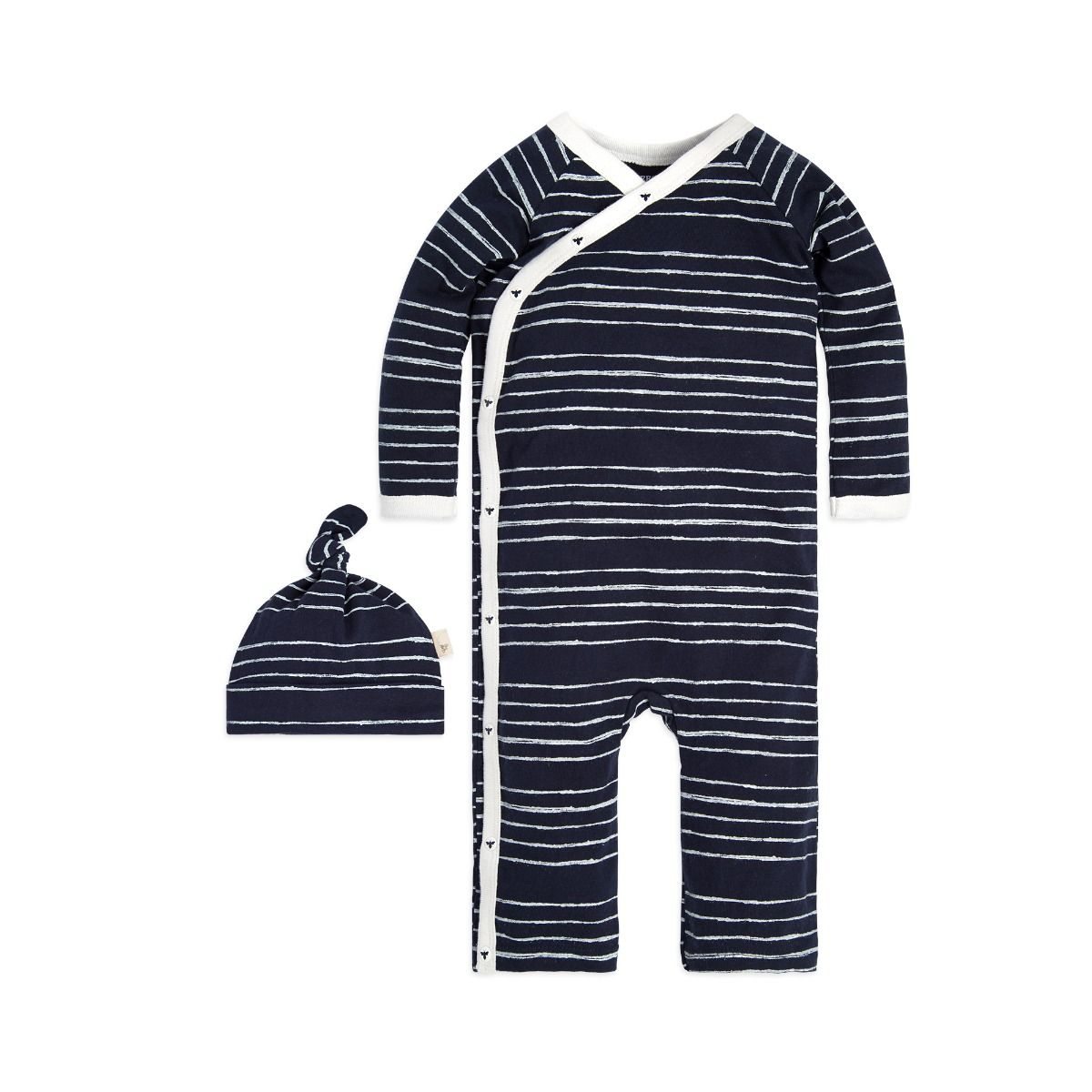 Lullaby Stripe Kimono Organic Baby Cotton One Piece Jumpsuit & Hat Set
