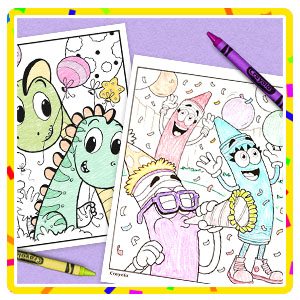 Partially colored in crayon characters and dinosaurs on a birthday coloring pages