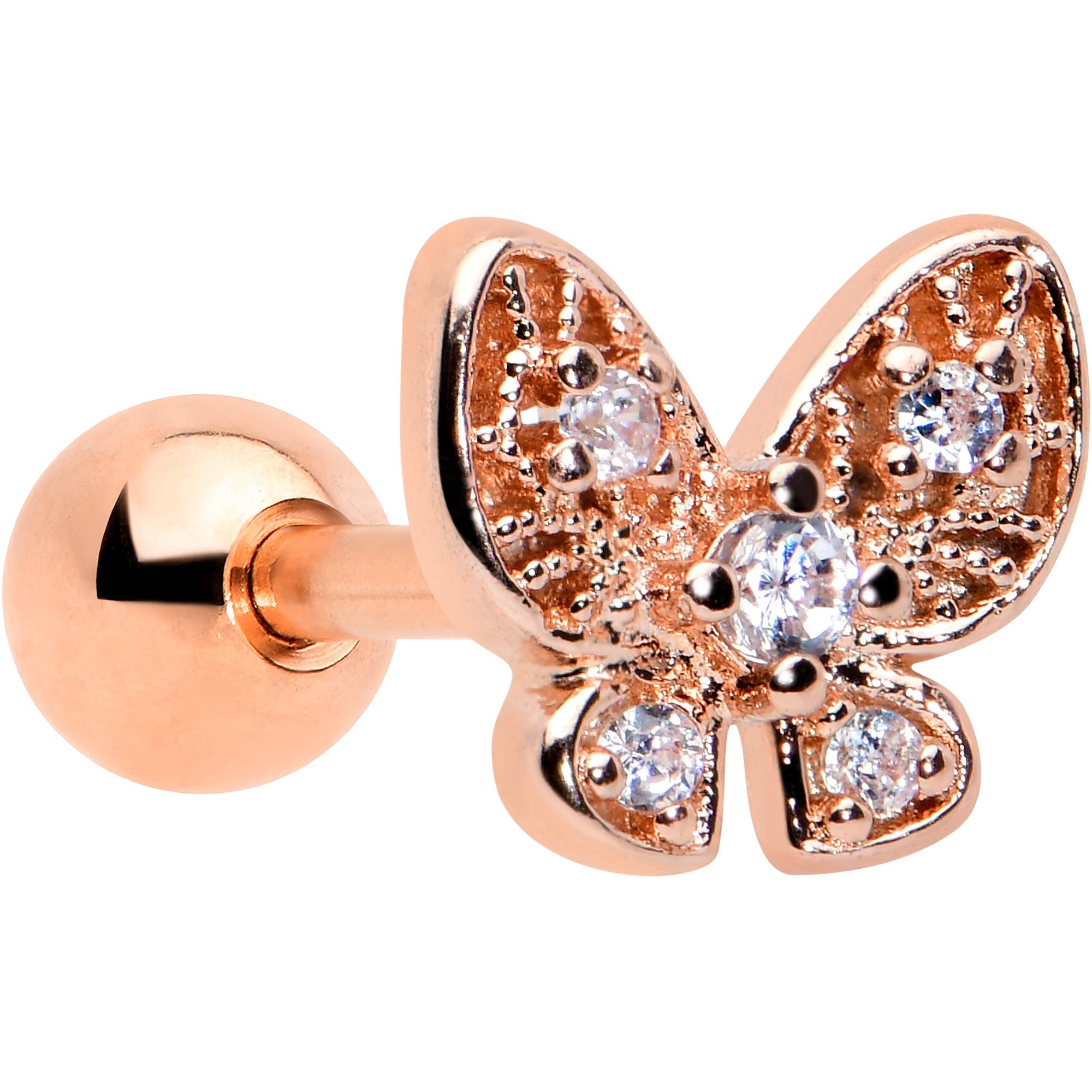 Image of 16 Gauge 1/4 Clear Gem Rose Gold Tone Airy Butterfly Cartilage Tragus