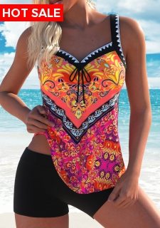 ROTITA Bowknot Multi Color Tribal Print Tankini Top