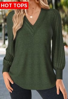 Patchwork Olive Green Long Sleeve V Neck T Shirt