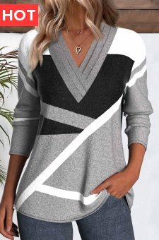 Grey Patchwork Geometric Print Long Sleeve T Shirt