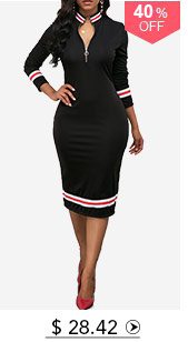 Striped Hem Zipper Front Black Sheath Dress