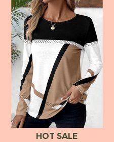 ROTITA Patchwork Geometric Print Light Coffee Round Neck T Shirt